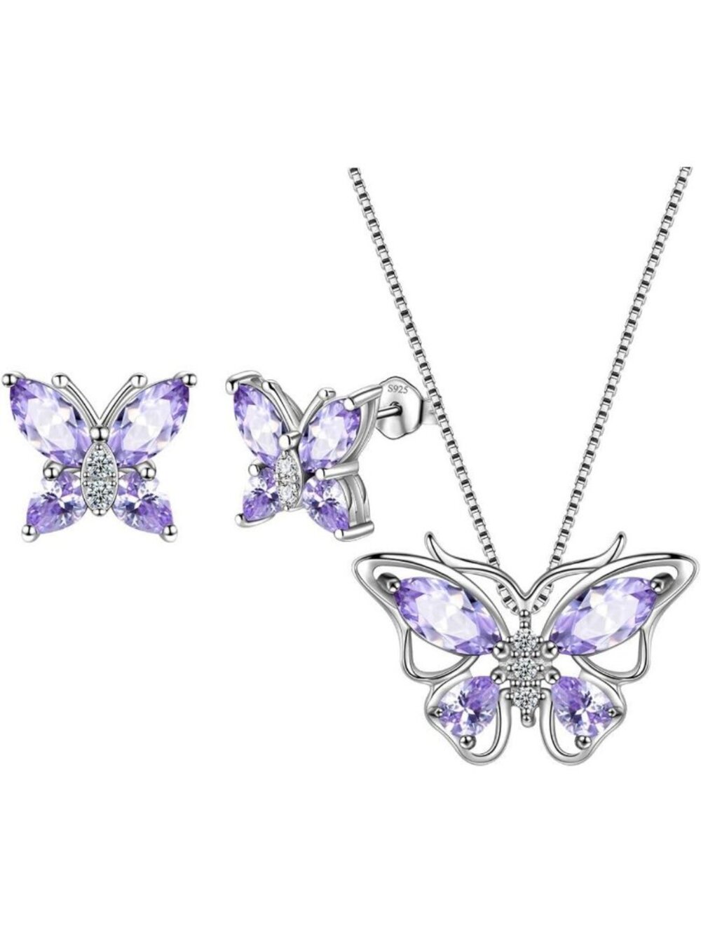 925 Sterling Silver Butterfly Birthstone Jewelry Set - Pendant, Earrings, Rings